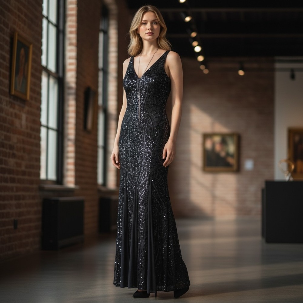 Nightway Sequin Gown‎ Womens 8 Blue Formal Evening Maxi Dress V-Neck Mermaid